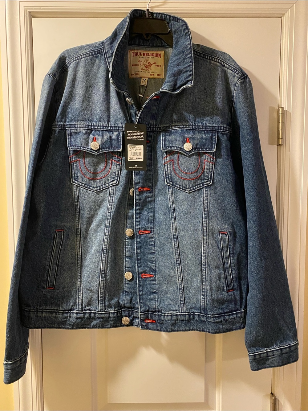 True Religion Cotton Stretch Logo Print Red Thread Blue Denim Jacket NWT